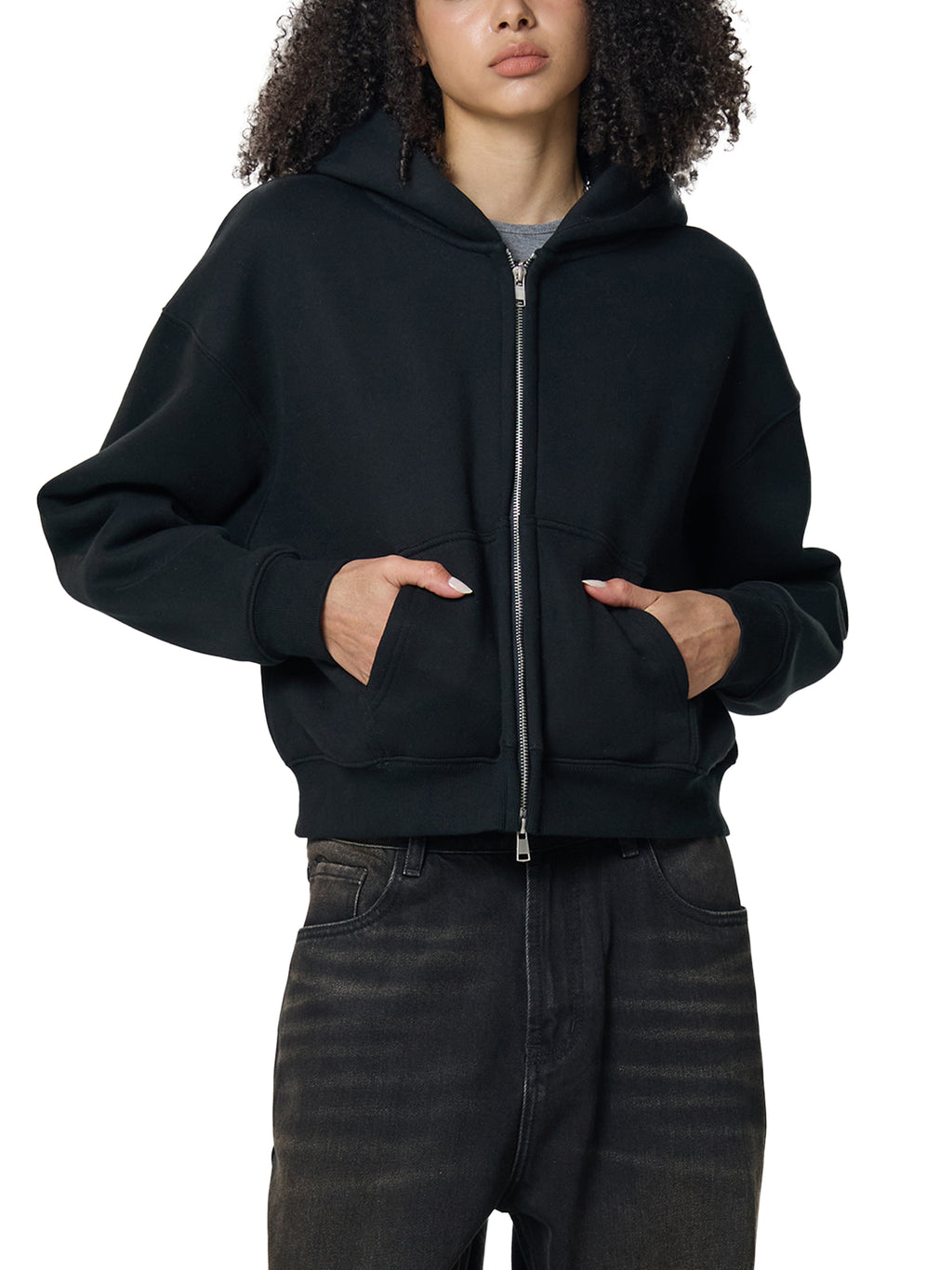 Fleeced Zip-Up Cropped Hoodie